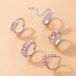 Silver Plated Pink Stone Studded Heart-Snake Inspired Stackable Rings Set of 5 - VAIRAVI