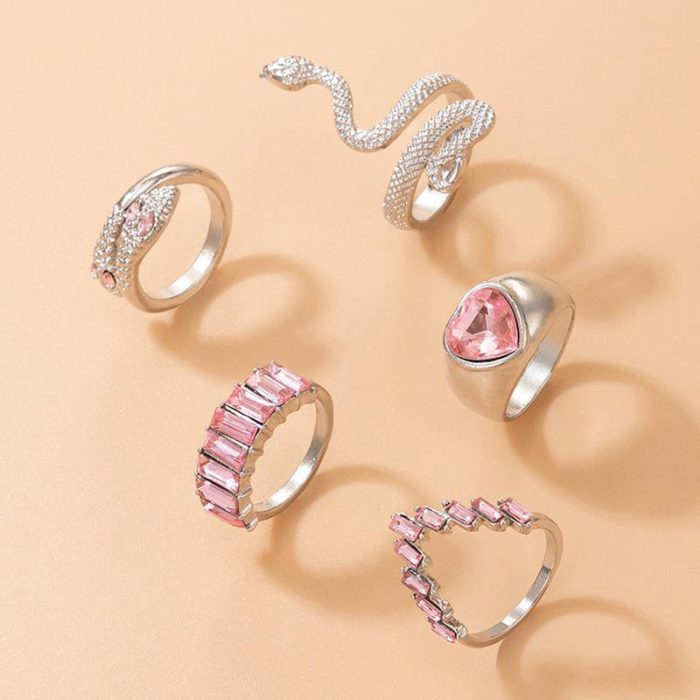 Silver Plated Pink Stone Studded Heart-Snake Inspired Stackable Rings Set of 5 - VAIRAVI