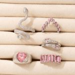 Silver Plated Pink Stone Studded Heart-Snake Inspired Stackable Rings Set of 5 - VAIRAVI