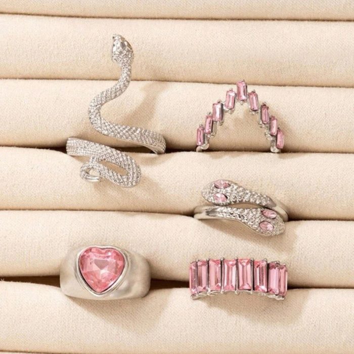 Silver Plated Pink Stone Studded Heart-Snake Inspired Stackable Rings Set of 5 - VAIRAVI