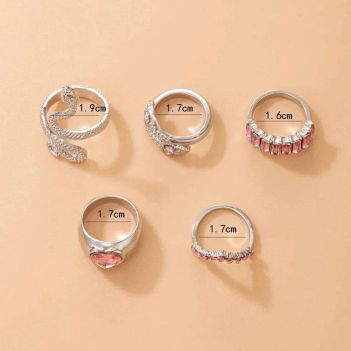 Silver Plated Pink Stone Studded Heart-Snake Inspired Stackable Rings Set of 5 - VAIRAVI