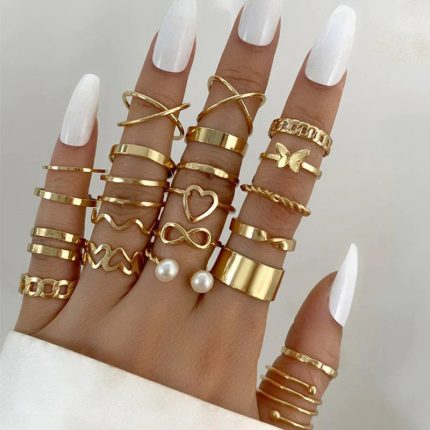 Women Gold Plated Contemporary Stackable Rings Set of 23 - VAIRAVI