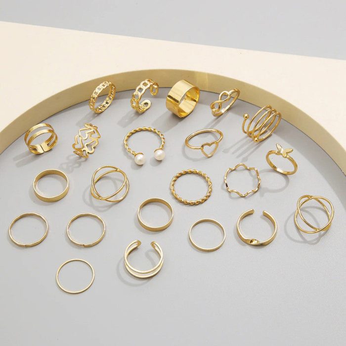 Gold Plated Contemporary Stackable Rings Set of 22 For Women - VAIRAVI