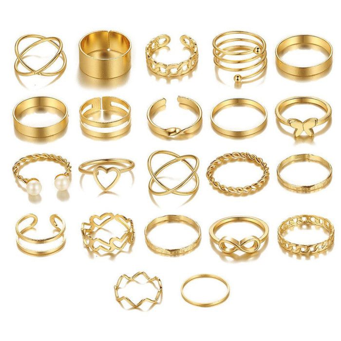 Gold Plated Contemporary Stackable Rings Set of 22 For Women - VAIRAVI