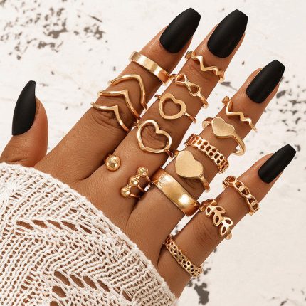 Women Gold Plated Contemporary Stackable Rings Set of 17 - VAIRAVI