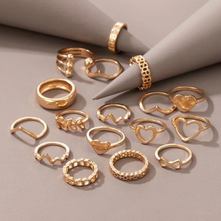 Women Gold Plated Contemporary Stackable Rings Set of 17 - VAIRAVI