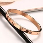 Stainless Steel Contemporary Rose Gold Plated Love AD Bracelet For Women - VAIRAVI