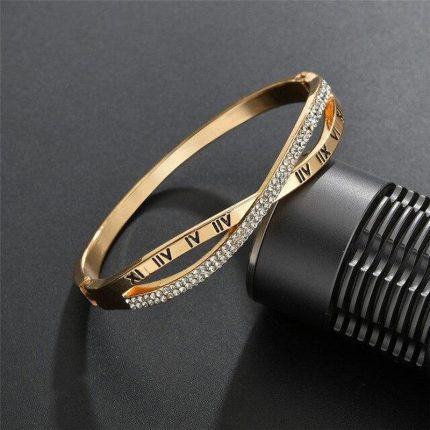 Gold Plated Roman Numbers engraved Stone Studded Korean Bracelet For Women and Girls - VAIRAVI