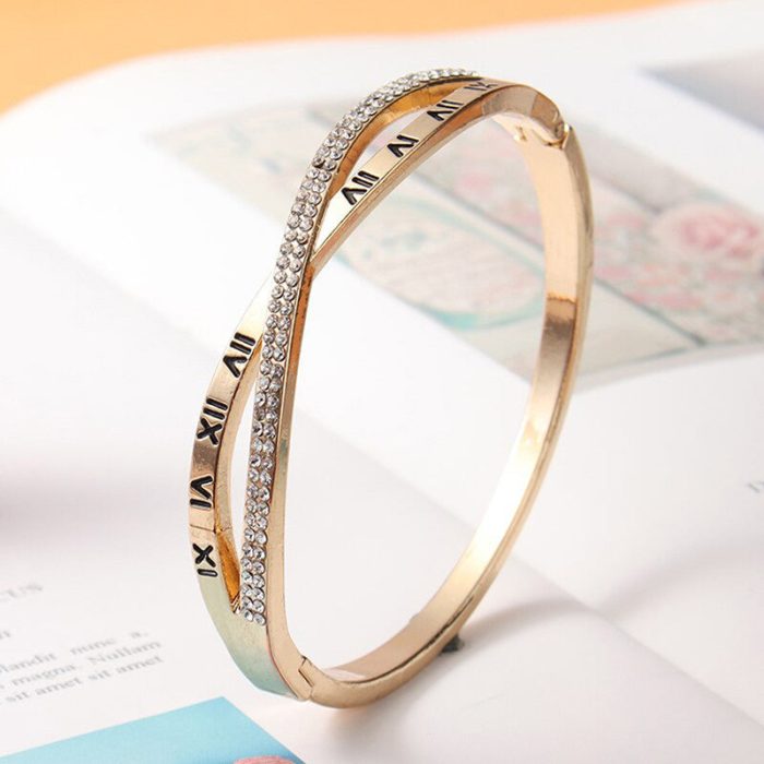 Gold Plated Roman Numbers engraved Stone Studded Korean Bracelet For Women and Girls - VAIRAVI