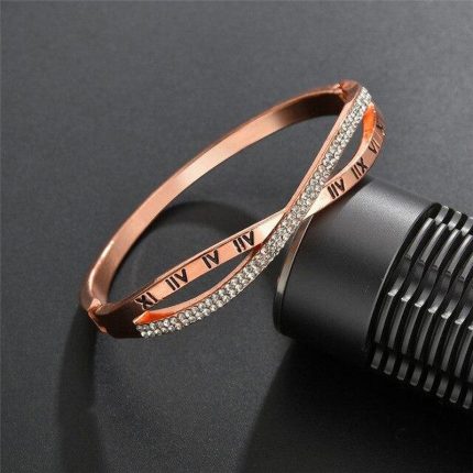Rose Gold Plated Roman Numbers engraved Stone Studded Korean Bracelet For Women and Girls - VAIRAVI
