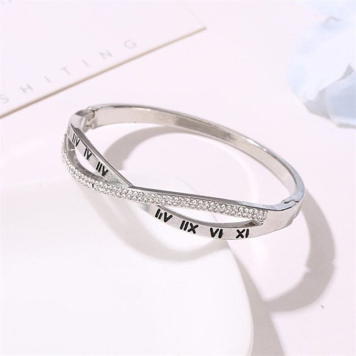Silver Plated Roman Numbers engraved Stone Studded Korean Bracelet For Women and Girls - VAIRAVI