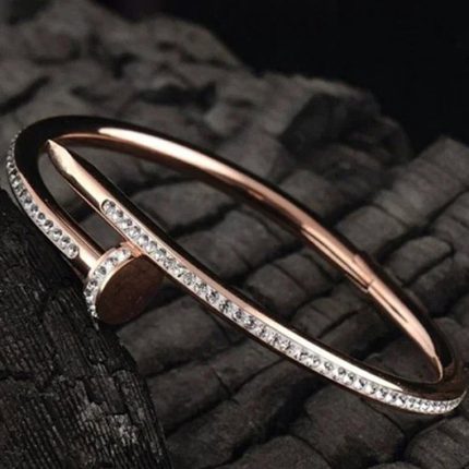Stainless Steel Rose Gold Plated Stainless Steel AD Studded Nail Bracelet For Women - VAIRAVI