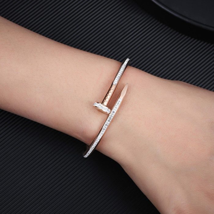 Stainless Steel Rose Gold Plated Stainless Steel AD Studded Nail Bracelet For Women - VAIRAVI