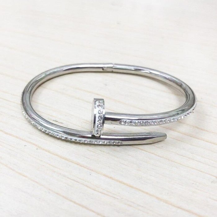Stainless Steel Silver Plated Stainless Steel Anti Tarnish AD Studded Nail Bracelet For Women - VAIRAVI