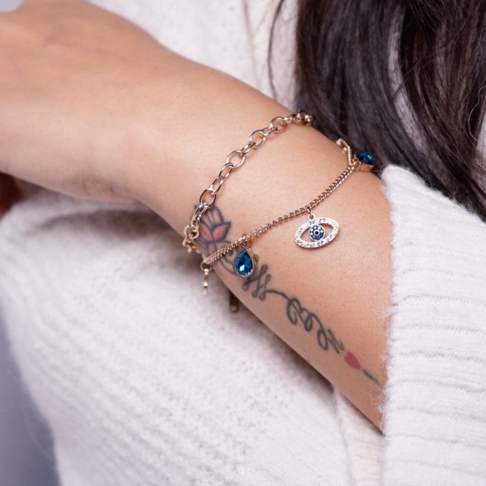Stainless Steel Rose Gold Plated Stainless Steel Crystal Studded Evil Eye Bracelet For Women - VAIRAVI