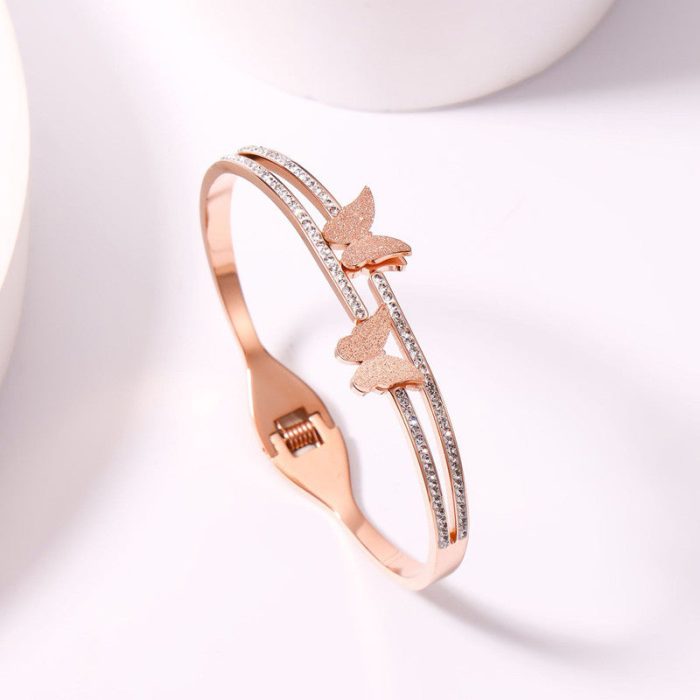 Stainless Steel Rose Gold Plated Butterfly inspired American Diamond Studded Bracelet For Women - VAIRAVI