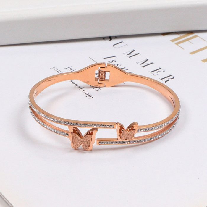 Stainless Steel Rose Gold Plated Butterfly inspired American Diamond Studded Bracelet For Women - VAIRAVI