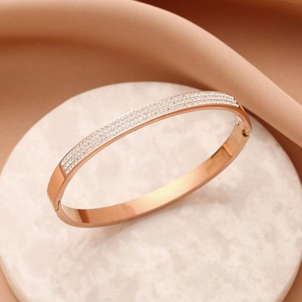 Stainless Steel Rose Gold Plated Triple Lines American Diamond Contemporary Bracelet For Women - VAIRAVI