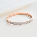 Stainless Steel Rose Gold Plated Triple Lines American Diamond Contemporary Bracelet For Women - VAIRAVI