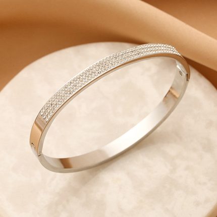 Stainless Steel Silver Plated Triple Lines American Diamond Contemporary Anti-Tarnish Bracelet For Women - VAIRAVI