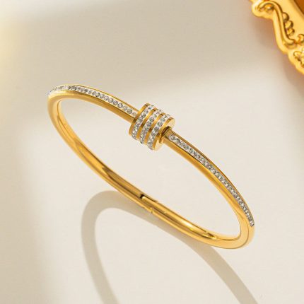 Stainless Steel Gold Plated American Diamond Studded Bangle Style Anti-Tarnish Bracelet For Women - VAIRAVI