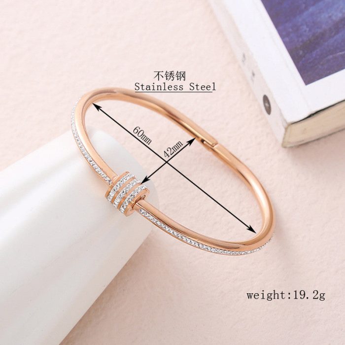 Stainless Steel Rose Gold Plated American Diamond Studded Bangle Style Bracelet For Women - VAIRAVI
