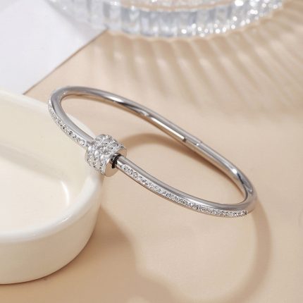 Stainless Steel Silver Plated American Diamond Studded Bangle Style Anti-Tarnish Bracelet For Women - VAIRAVI