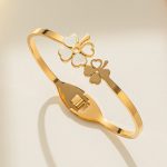 Stainless Steel Gold Plated Mother of Pearls Dual Flower Openable Floral Anti-Tarnish Bracelet For Women - VAIRAVI