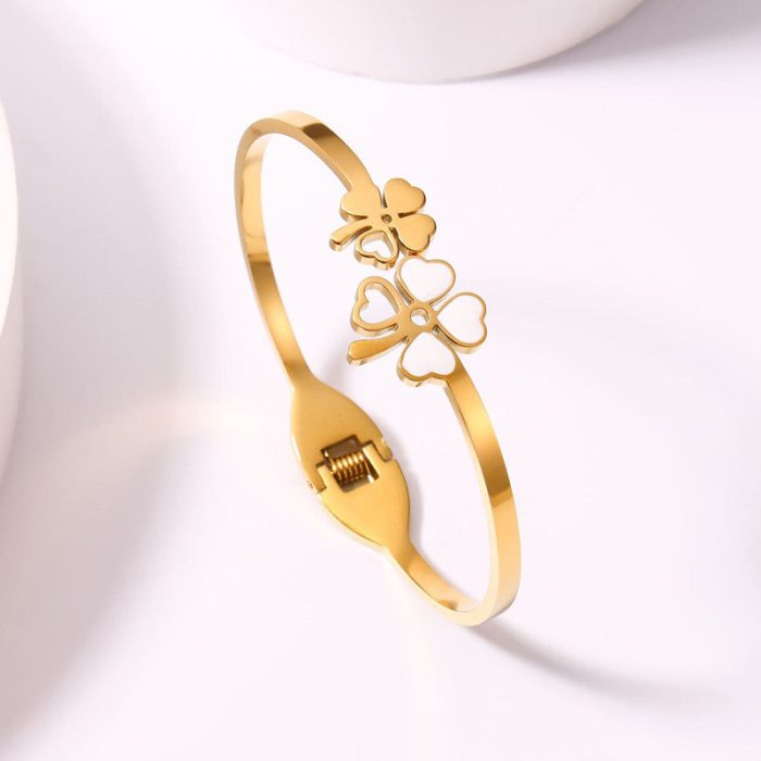 Stainless Steel Gold Plated Mother of Pearls Dual Flower Openable Floral Anti-Tarnish Bracelet For Women - VAIRAVI