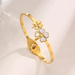 Stainless Steel Gold Plated Mother of Pearls Dual Flower Openable Floral Anti-Tarnish Bracelet For Women - VAIRAVI
