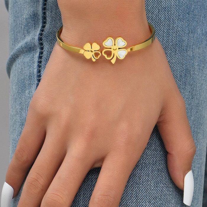 Stainless Steel Gold Plated Mother of Pearls Dual Flower Openable Floral Anti-Tarnish Bracelet For Women - VAIRAVI