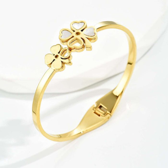 Stainless Steel Gold Plated Mother of Pearls Dual Flower Openable Floral Anti-Tarnish Bracelet For Women - VAIRAVI