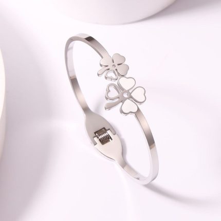 Stainless Steel Silver Plated Mother of Pearls Dual Flower Openable Floral Anti-Tarnish Bracelet For Women - VAIRAVI