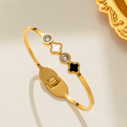 Stainless Steel Gold Plated Mother of Pearls Leaf Clover Anti-Tarnish Bracelet For Women - VAIRAVI