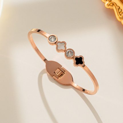 Stainless Steel Rose Gold Plated Mother of Pearls Leaf Clover Bracelet For Women - VAIRAVI