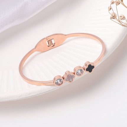 Stainless Steel Rose Gold Plated Mother of Pearls Leaf Clover Bracelet For Women - VAIRAVI