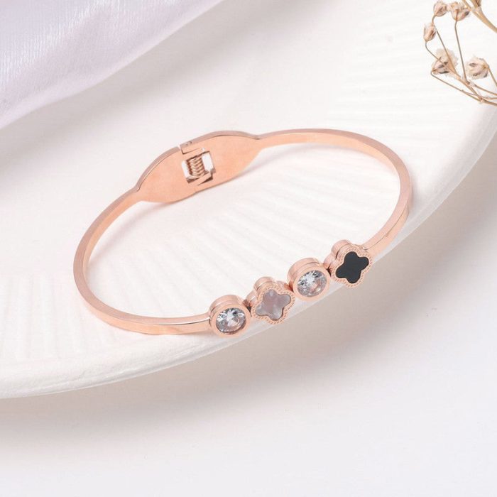 Stainless Steel Rose Gold Plated Mother of Pearls Leaf Clover Bracelet For Women - VAIRAVI