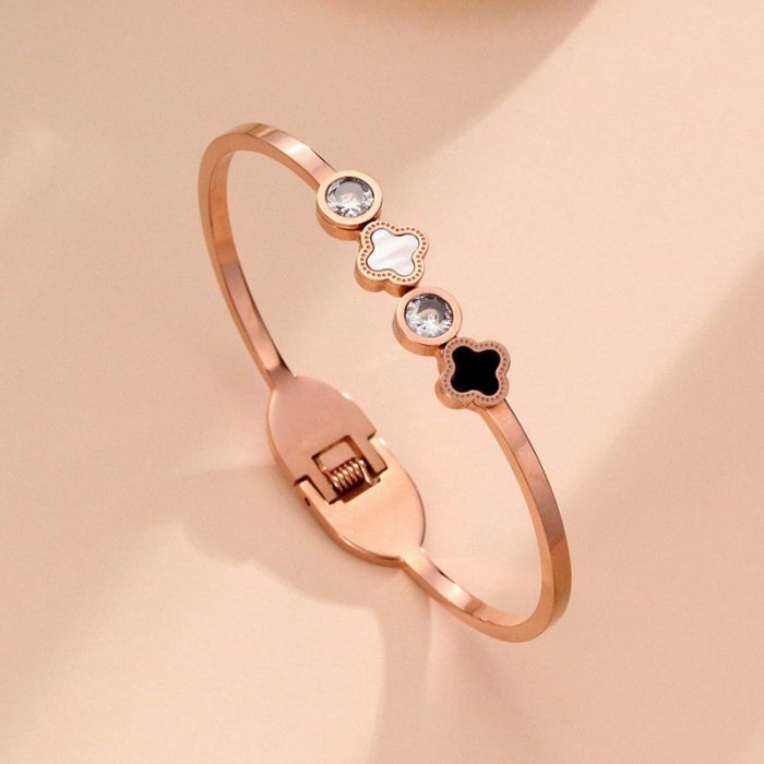 Stainless Steel Rose Gold Plated Mother of Pearls Leaf Clover Bracelet For Women - VAIRAVI