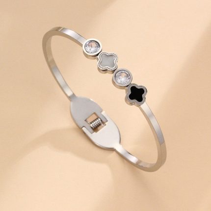 Stainless Steel Silver Plated Mother of Pearls Leaf Clover Anti-Tarnish Bracelet For Women - VAIRAVI