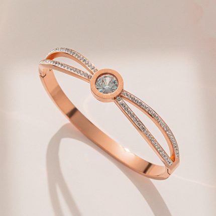 Stainless Steel Rose Gold Plated Roman Numerals American Diamond Studded Bracelet For Women - VAIRAVI