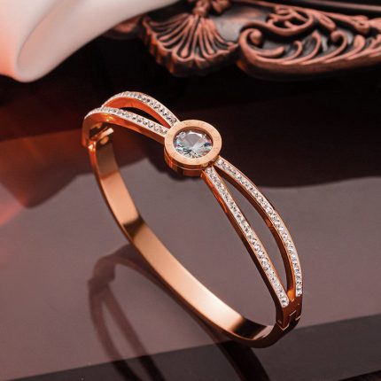 Stainless Steel Rose Gold Plated Roman Numerals American Diamond Studded Bracelet For Women - VAIRAVI
