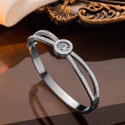 Stainless Steel Silver Plated Roman Numerals American Diamond Studded Anti-Tarnish Bracelet For Women - VAIRAVI