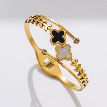Stainless Steel Gold Plated Mother of Pearls Two Clover Leaf Irish Design Anti-Tarnish Bracelet For Women - VAIRAVI