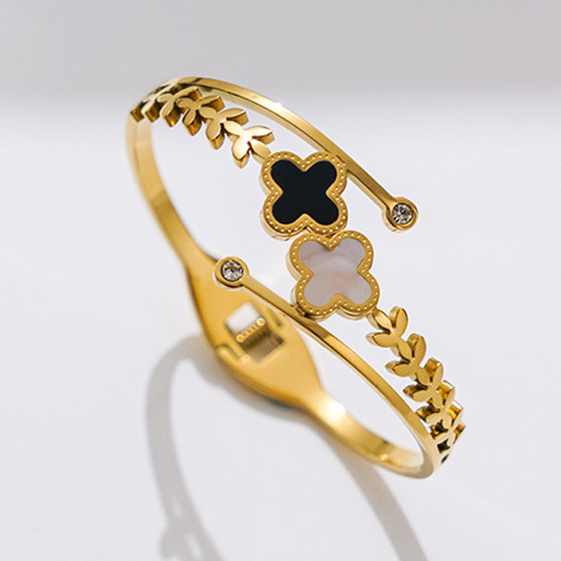 Stainless Steel Gold Plated Mother of Pearls Two Clover Leaf Irish Design Anti-Tarnish Bracelet For Women - VAIRAVI Stainless Steel Gold Plated Mother of Pearls Two Clover Leaf Irish Design Anti-Tarnish Bracelet For Women - VAIRAVI