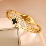 Stainless Steel Gold Plated Mother of Pearls Two Clover Leaf Irish Design Anti-Tarnish Bracelet For Women - VAIRAVI