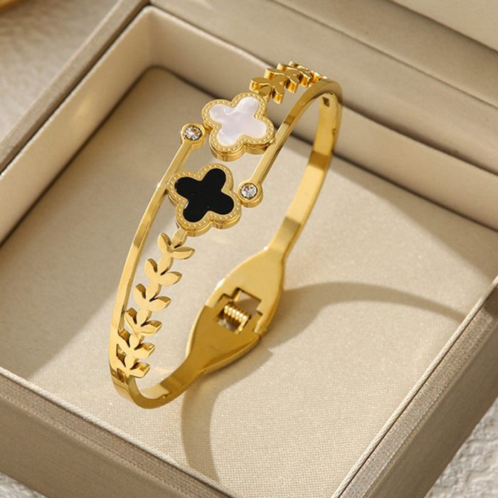 Stainless Steel Gold Plated Mother of Pearls Two Clover Leaf Irish Design Anti-Tarnish Bracelet For Women - VAIRAVI