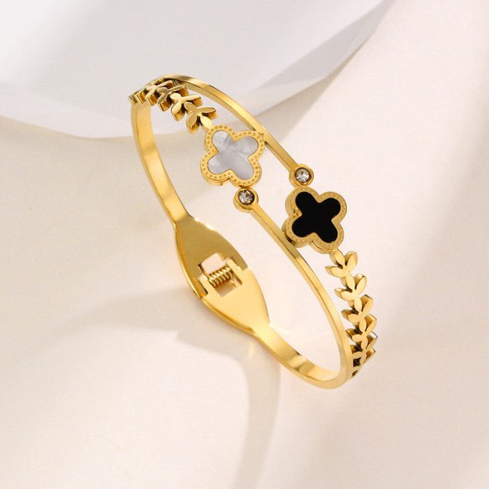 Stainless Steel Gold Plated Mother of Pearls Two Clover Leaf Irish Design Anti-Tarnish Bracelet For Women - VAIRAVI