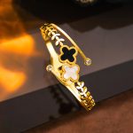 Stainless Steel Gold Plated Mother of Pearls Two Clover Leaf Irish Design Anti-Tarnish Bracelet For Women - VAIRAVI