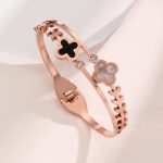 Stainless Steel Rose Gold Plated Mother of Pearls Two Clover Leaf Irish Design Bracelet For Women - VAIRAVI