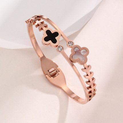 Stainless Steel Rose Gold Plated Mother of Pearls Two Clover Leaf Irish Design Bracelet For Women - VAIRAVI